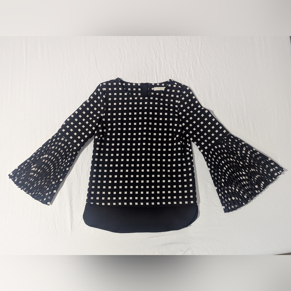 Beatrice .B Gingham Pleated Bell Sleeve Top Black And White Size XXS